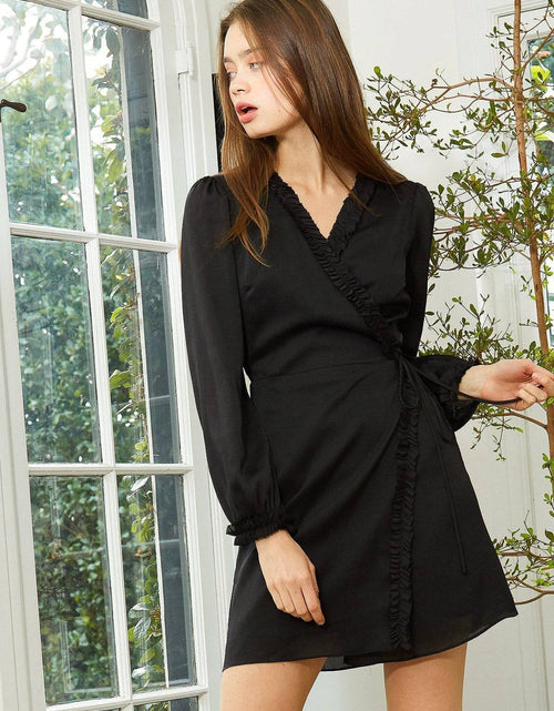 Load image into Gallery viewer, Women's Ruffle Trim Long Sleeve Wrap Dress in Black by Shop at Konus
