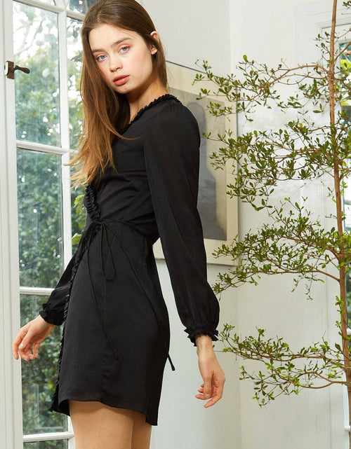 Load image into Gallery viewer, Women's Ruffle Trim Long Sleeve Wrap Dress in Black by Shop at Konus
