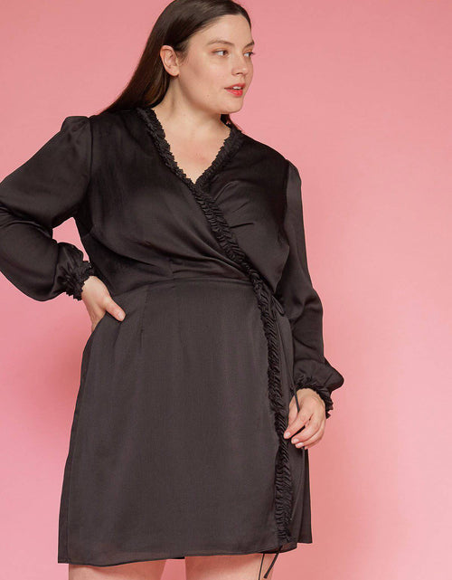 Load image into Gallery viewer, Plus Size Ruffle Trim Long Sleeve Wrap Dress in Black by Shop at Konus
