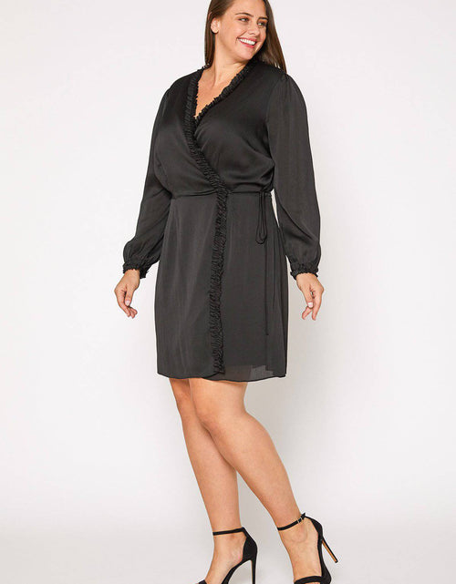 Load image into Gallery viewer, Plus Size Ruffle Trim Long Sleeve Wrap Dress in Black by Shop at Konus

