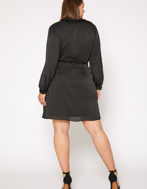 Load image into Gallery viewer, Plus Size Ruffle Trim Long Sleeve Wrap Dress in Black by Shop at Konus
