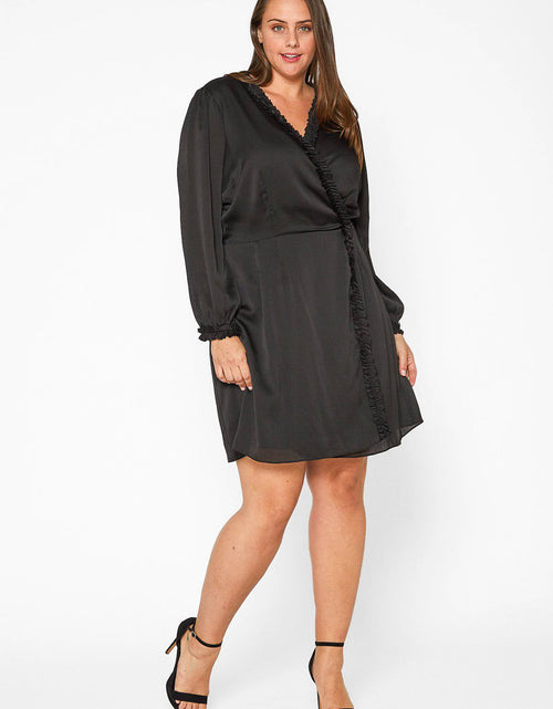 Load image into Gallery viewer, Plus Size Ruffle Trim Long Sleeve Wrap Dress in Black by Shop at Konus
