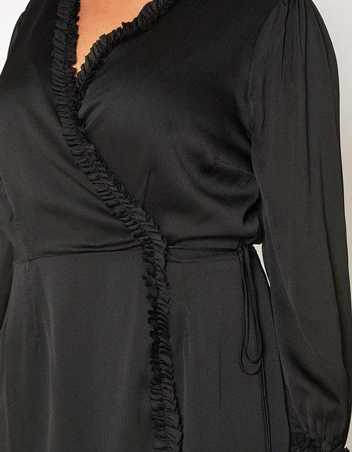 Load image into Gallery viewer, Plus Size Ruffle Trim Long Sleeve Wrap Dress in Black by Shop at Konus
