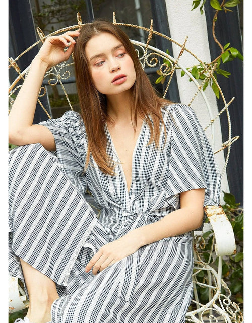 Load image into Gallery viewer, Women's Lace Trim Tie Front Maxi Dress in Ditsy Gingham by Shop at Konus
