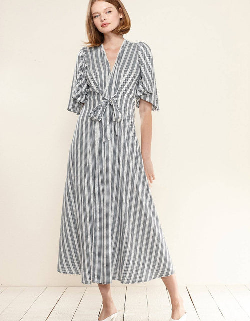 Load image into Gallery viewer, Women's Lace Trim Tie Front Maxi Dress in Ditsy Gingham by Shop at Konus

