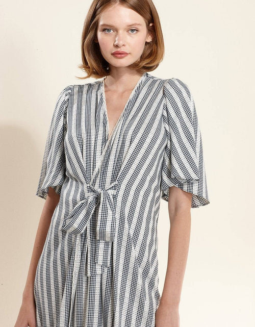 Load image into Gallery viewer, Women's Lace Trim Tie Front Maxi Dress in Ditsy Gingham by Shop at Konus

