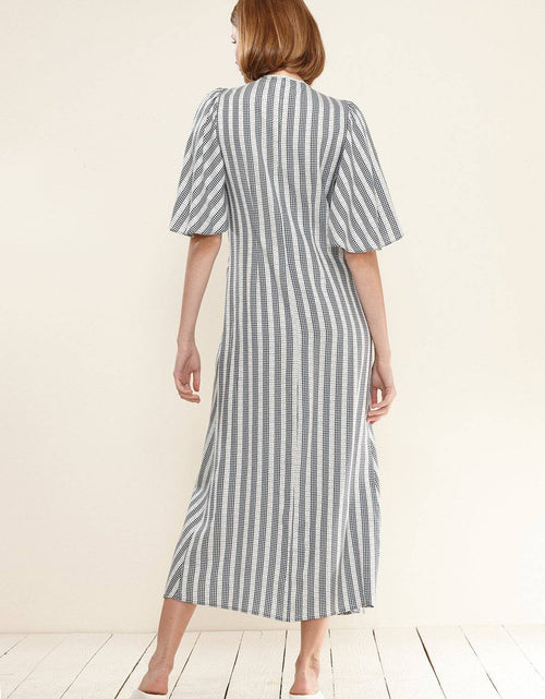 Load image into Gallery viewer, Women's Lace Trim Tie Front Maxi Dress in Ditsy Gingham by Shop at Konus
