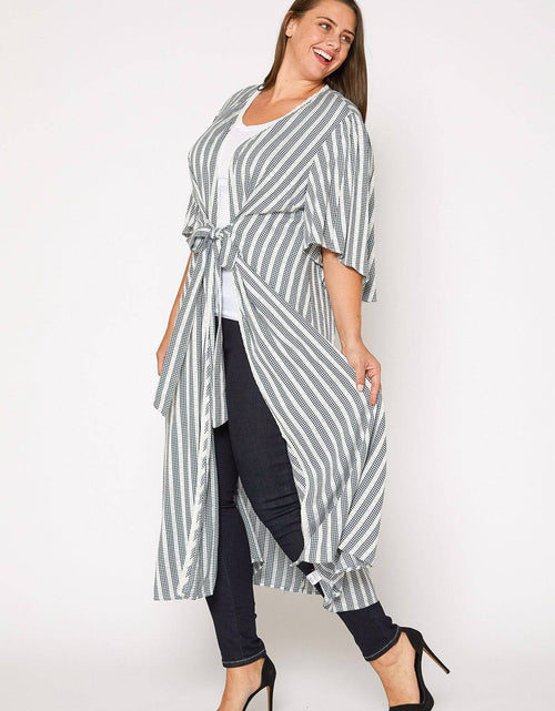 Load image into Gallery viewer, Plus Size Lace Trim Tie Front Maxi Cardigan in Ditsy Gingham by Shop at Konus
