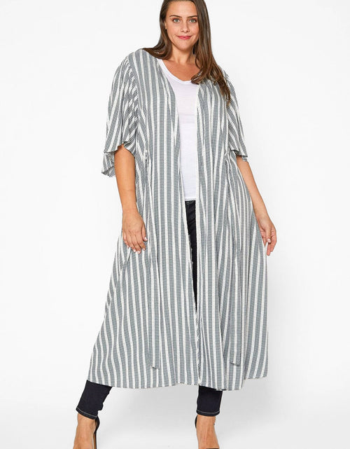 Load image into Gallery viewer, Plus Size Lace Trim Tie Front Maxi Cardigan in Ditsy Gingham by Shop at Konus
