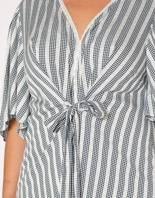 Load image into Gallery viewer, Plus Size Lace Trim Tie Front Maxi Cardigan in Ditsy Gingham by Shop at Konus
