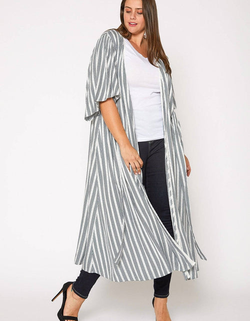 Load image into Gallery viewer, Plus Size Lace Trim Tie Front Maxi Cardigan in Ditsy Gingham by Shop at Konus
