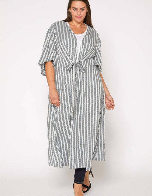 Load image into Gallery viewer, Plus Size Lace Trim Tie Front Maxi Cardigan in Ditsy Gingham by Shop at Konus
