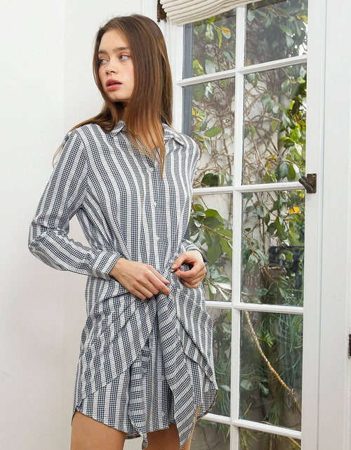 Load image into Gallery viewer, Women's Lace Trim Wrapped Shirt Dress in Ditsy Gingham by Shop at Konus
