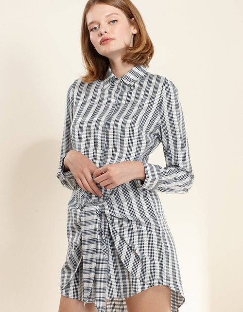 Load image into Gallery viewer, Women's Lace Trim Wrapped Shirt Dress in Ditsy Gingham by Shop at Konus
