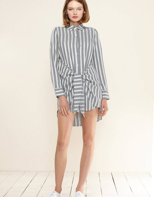 Load image into Gallery viewer, Women's Lace Trim Wrapped Shirt Dress in Ditsy Gingham by Shop at Konus
