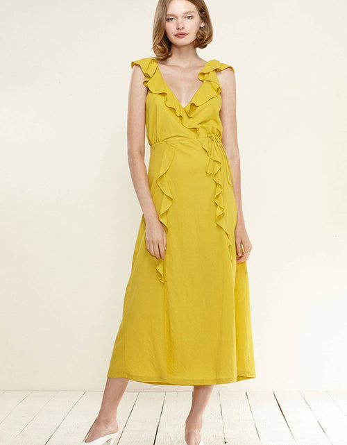 Load image into Gallery viewer, Women's Ruffle Trim Wrapped Maxi Dress in Mustard by Shop at Konus
