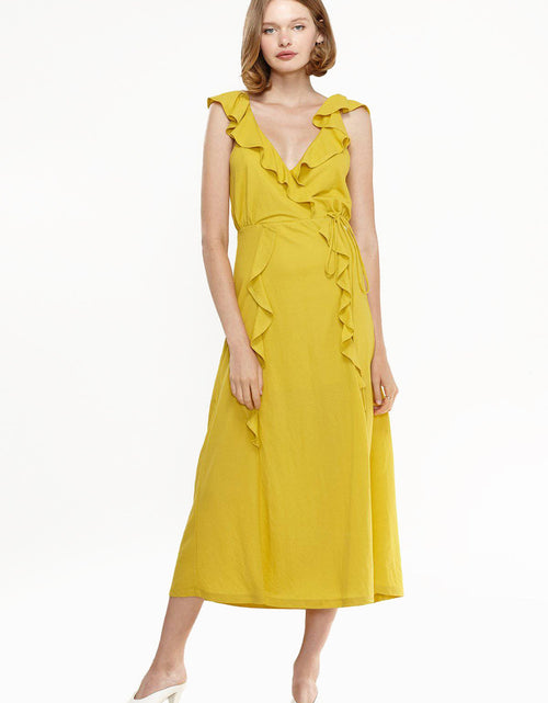 Load image into Gallery viewer, Women's Ruffle Trim Wrapped Maxi Dress in Mustard by Shop at Konus
