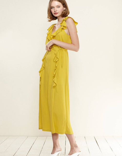 Load image into Gallery viewer, Women's Ruffle Trim Wrapped Maxi Dress in Mustard by Shop at Konus
