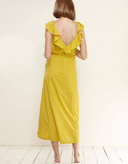 Load image into Gallery viewer, Women's Ruffle Trim Wrapped Maxi Dress in Mustard by Shop at Konus
