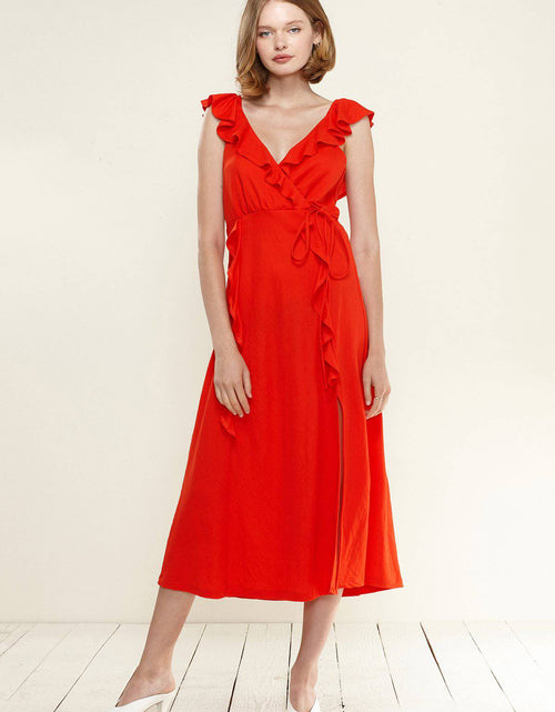 Load image into Gallery viewer, Women's Ruffle Trim Wrapped Maxi Dress in Red by Shop at Konus
