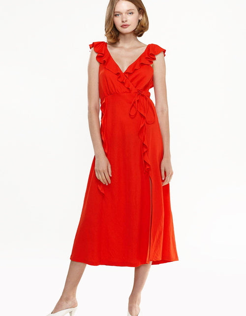 Load image into Gallery viewer, Women's Ruffle Trim Wrapped Maxi Dress in Red by Shop at Konus
