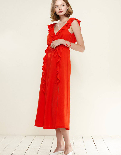 Load image into Gallery viewer, Women's Ruffle Trim Wrapped Maxi Dress in Red by Shop at Konus
