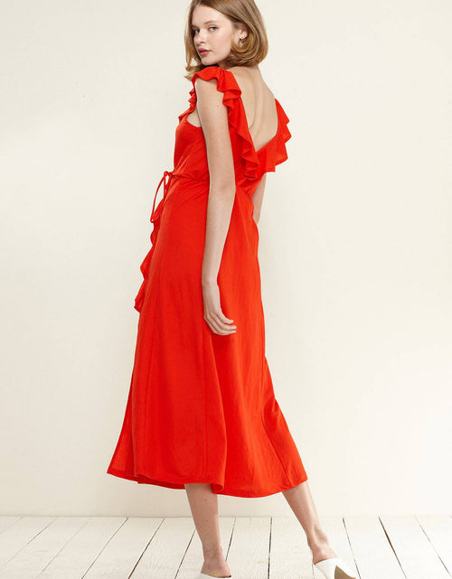Load image into Gallery viewer, Women's Ruffle Trim Wrapped Maxi Dress in Red by Shop at Konus
