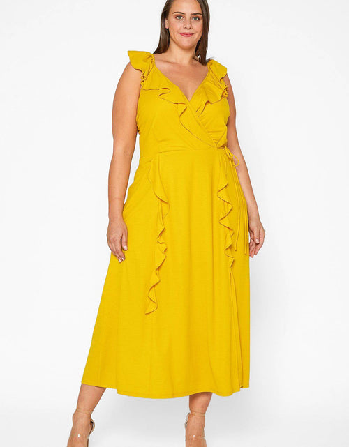 Load image into Gallery viewer, Plus Size Ruffle Trim Wrapped Maxi Dress in Mustard by Shop at Konus
