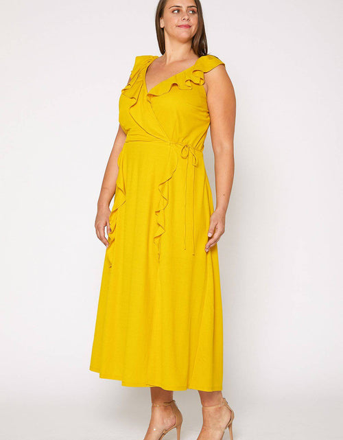 Load image into Gallery viewer, Plus Size Ruffle Trim Wrapped Maxi Dress in Mustard by Shop at Konus
