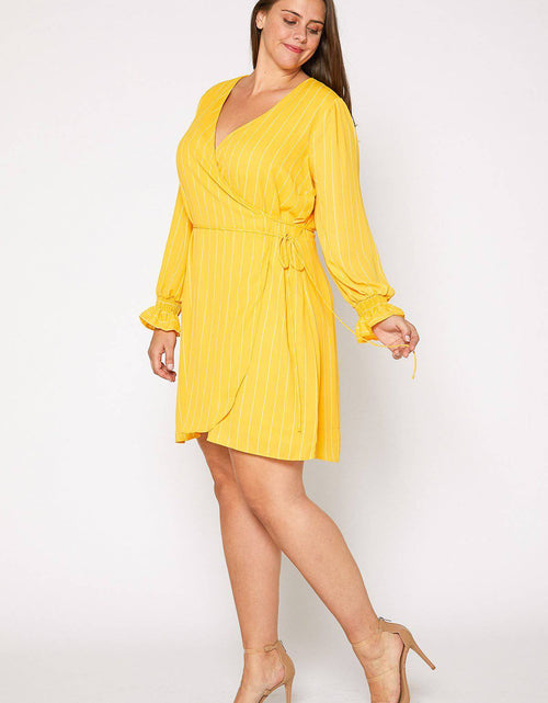 Load image into Gallery viewer, Plus Size Smocked Bell Sleeve Wrap Dress in Yellow by Shop at Konus
