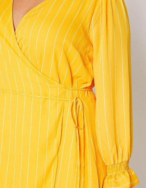 Load image into Gallery viewer, Plus Size Smocked Bell Sleeve Wrap Dress in Yellow by Shop at Konus
