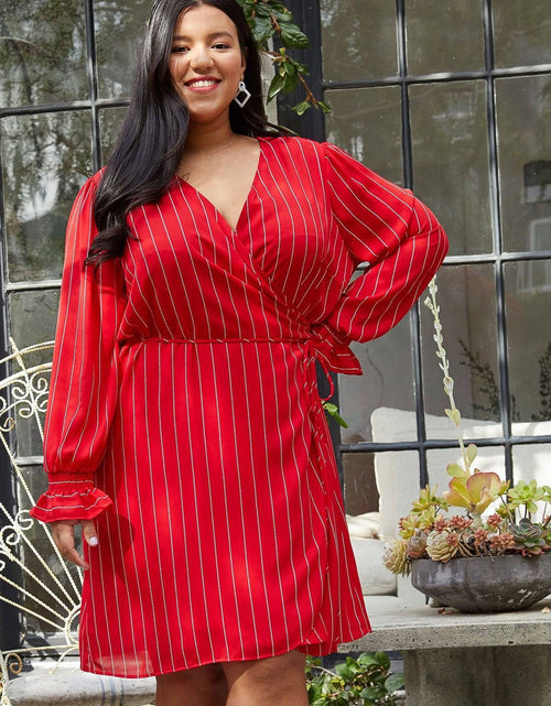 Load image into Gallery viewer, Plus Size Smocked Bell Sleeve Wrap Dress in Red by Shop at Konus

