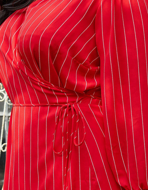 Load image into Gallery viewer, Plus Size Smocked Bell Sleeve Wrap Dress in Red by Shop at Konus
