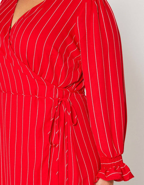 Load image into Gallery viewer, Plus Size Smocked Bell Sleeve Wrap Dress in Red by Shop at Konus
