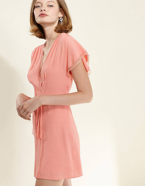 Load image into Gallery viewer, Women's Lace Trim Wrap Dress in Coral by Shop at Konus

