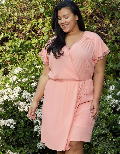 Load image into Gallery viewer, Plus Size Lace Trim Wrap Dress in Coral by Shop at Konus
