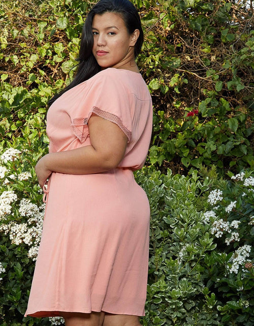 Load image into Gallery viewer, Plus Size Lace Trim Wrap Dress in Coral by Shop at Konus
