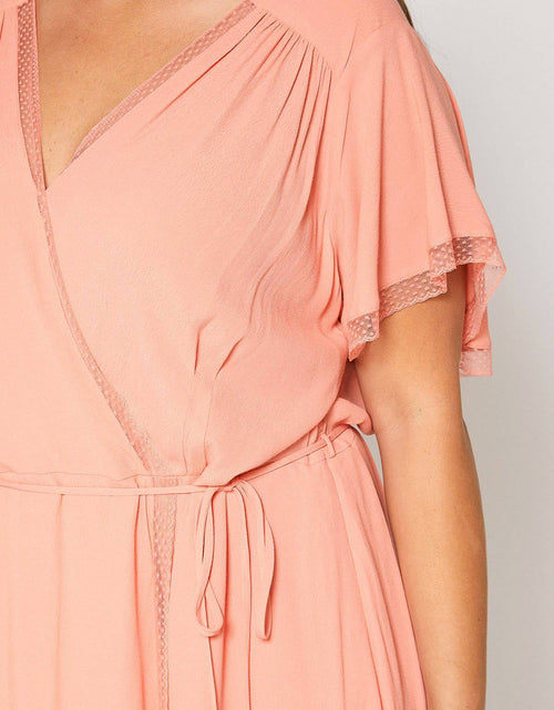 Load image into Gallery viewer, Plus Size Lace Trim Wrap Dress in Coral by Shop at Konus
