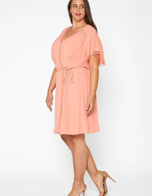 Load image into Gallery viewer, Plus Size Lace Trim Wrap Dress in Coral by Shop at Konus
