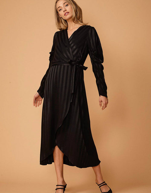 Load image into Gallery viewer, Women's Puffy Shoulder Dress in Black Stripe by Shop at Konus
