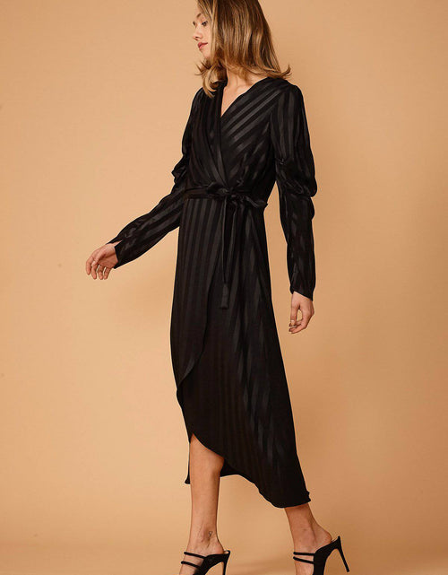 Load image into Gallery viewer, Women's Puffy Shoulder Dress in Black Stripe by Shop at Konus
