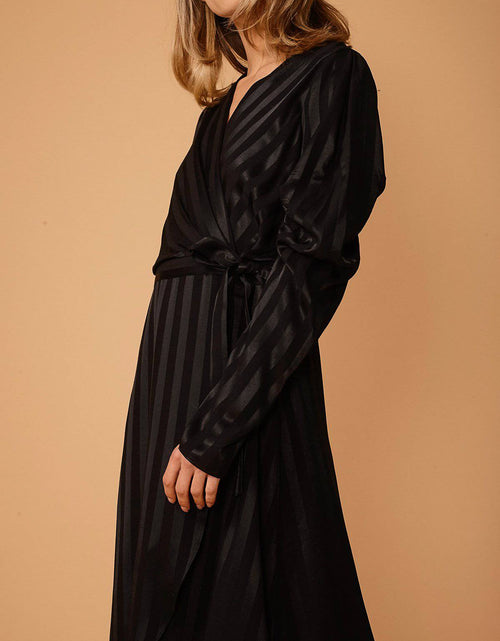 Load image into Gallery viewer, Women's Puffy Shoulder Dress in Black Stripe by Shop at Konus
