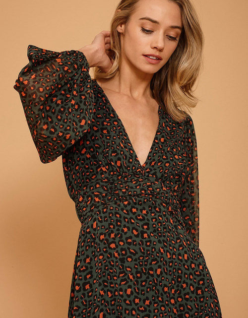 Load image into Gallery viewer, Women's V-neck Midi Dress in Leopard Hunt by Shop at Konus
