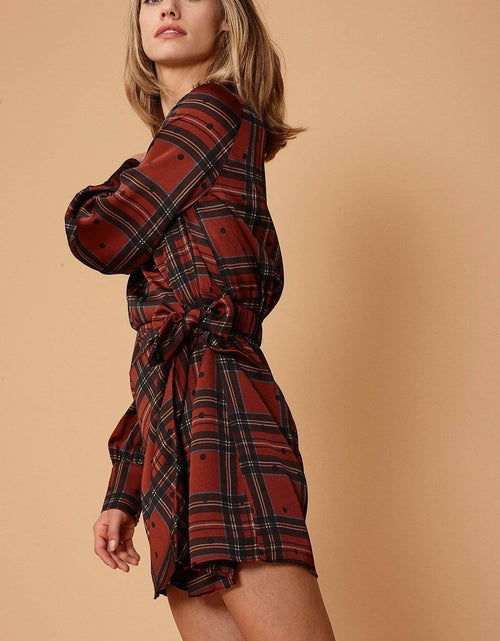 Load image into Gallery viewer, Plaid-polkadot Mini Wrap Dress in Brick by Shop at Konus
