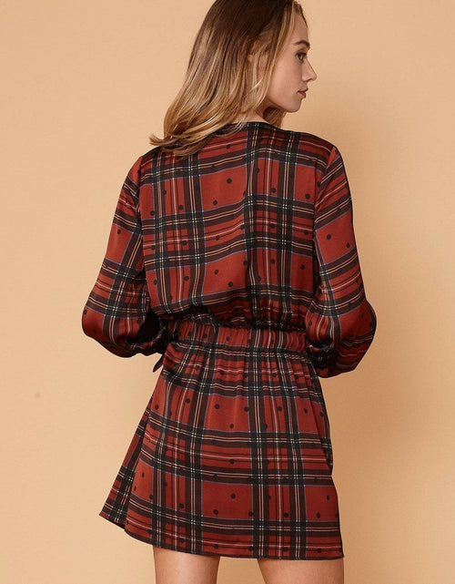 Load image into Gallery viewer, Plaid-polkadot Mini Wrap Dress in Brick by Shop at Konus
