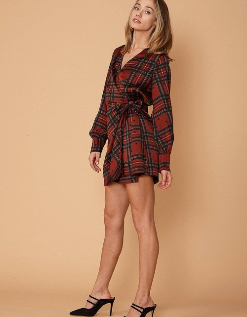 Load image into Gallery viewer, Plaid-polkadot Mini Wrap Dress in Brick by Shop at Konus
