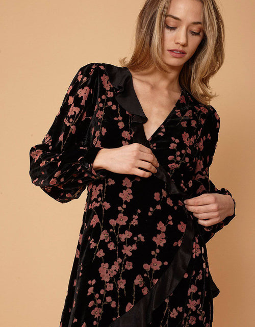 Load image into Gallery viewer, Women's Velvet Asymmetric Wrap Dress in Falling Floral by Shop at Konus
