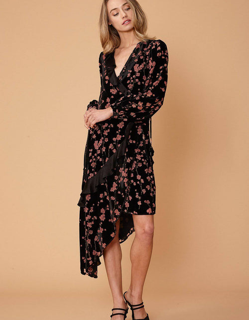 Load image into Gallery viewer, Women's Velvet Asymmetric Wrap Dress in Falling Floral by Shop at Konus
