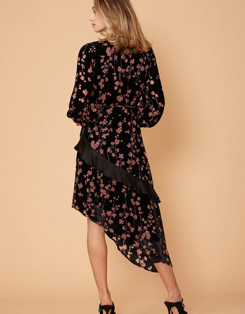 Load image into Gallery viewer, Women's Velvet Asymmetric Wrap Dress in Falling Floral by Shop at Konus
