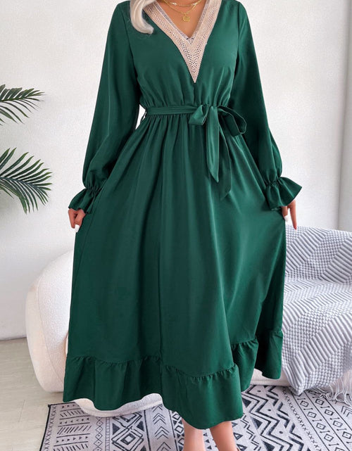 Load image into Gallery viewer, Contrast Belted Flounce Sleeve Dress
